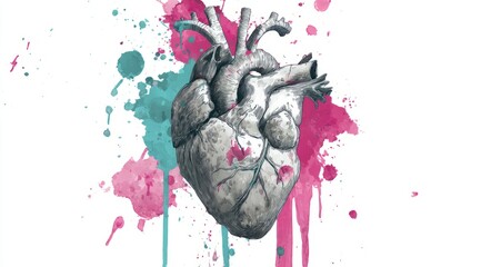 Detailed illustration of a human heart with vivid splashes of color surrounding it for artistic impact