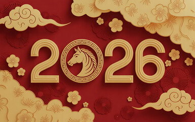 2026 chinese new year celebration banner gold horse on red 