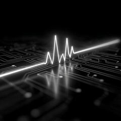 Heartbeat line on a circuit board symbolizes technology and life during the night