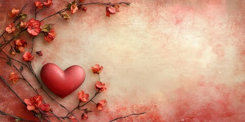 Red heart surrounded by cherry blossom branches on a textured pink background for romantic occasions and celebrations