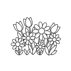 Outline drawing of blooming flowers and tulips