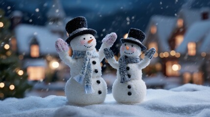 Cheerful snowmen in winter wonderland with cozy scarves and hats