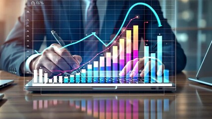 Business professional analyzing digital financial data on laptop with colorful growth charts showing success analytics and economic progress - Powered by Adobe