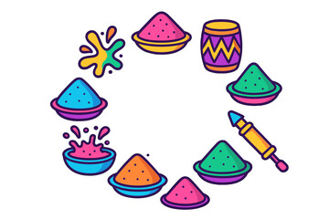 Vibrant powder and celebration icons forming a circular pattern