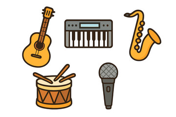 Set of diverse musical instrument icons featuring guitar keyboard saxophone drum and microphone
