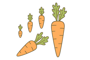 Assortment of cartoon carrots with vibrant green leafy tops