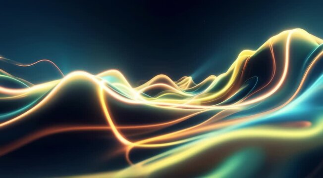 A liquid like wave of neon light moving across the screen, distorting as it travels, set to a calm, experimental melody with ambient undertones  