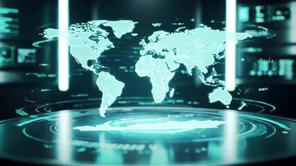 Glowing cyan holographic world map projection displaying continents , Futuristic holographic world map projection with glowing cyan continents, Abstract digital global technology background. - Powered by Adobe