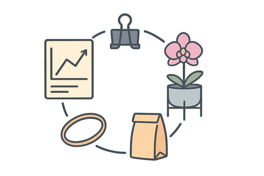 Desk items workflow diagram featuring growth chart and potted plant
