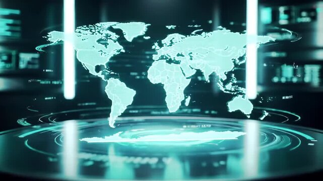 Glowing cyan holographic world map projection displaying continents , Futuristic holographic world map projection with glowing cyan continents, Abstract digital global technology background. - Powered by Adobe