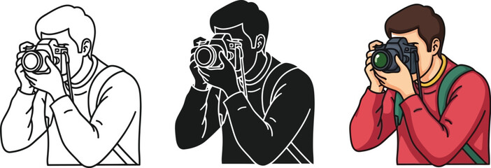 Illustration of a photographer taking a picture, presented in three styles