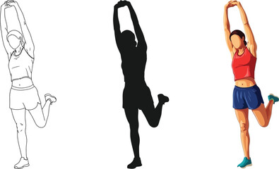 Three variations of a woman stretching her arm while standing one leg
