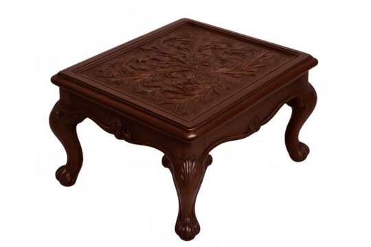 Vintage dark wood side table with intricate carved floral pattern and elegant cabriole legs on transparent background