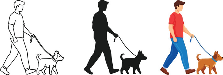 Illustration of a man walking a dog in three styles outline, silhouette, and color