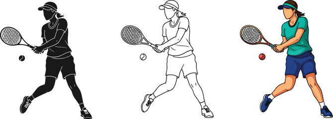 Female tennis player hitting ball with racket sportswoman playing tennis hand drawn vector illustration