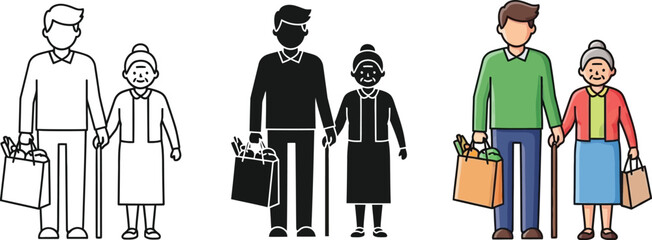 Three versions of a young man helping an elderly woman with groceries