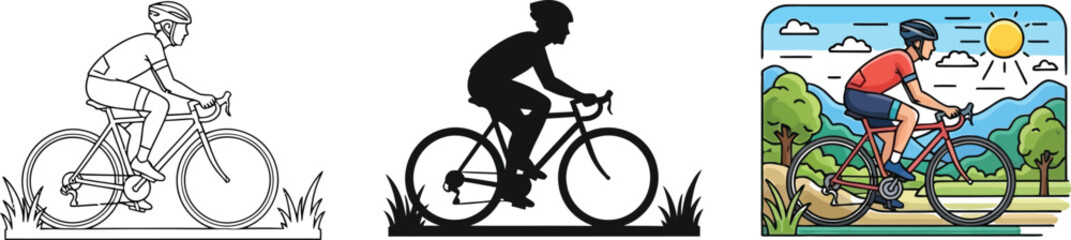 Three different styles of a cyclist riding a bicycle vector, silhouette and colored illustration