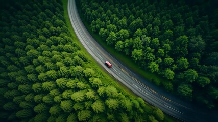 Aerial view of red car driving on curved highway through lush green forest showing freedom travel adventure and environmental tranquility