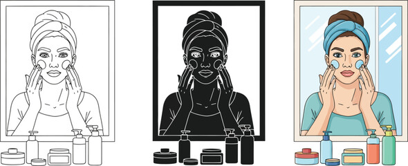 Three different styles of a woman applying skincare in front of a mirror vector, silhouette and colored illustration