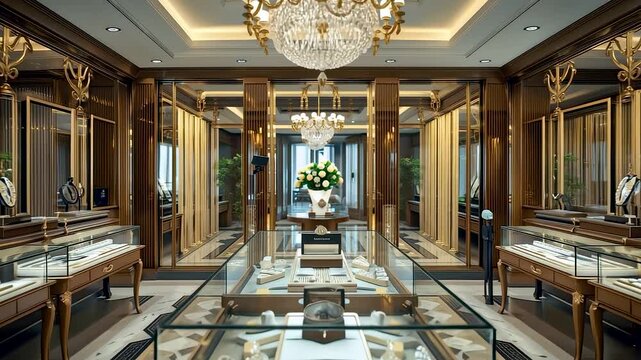 Luxurious jewelry store interior with elegant chandeliers glass displays and golden decor showcasing wealth sophistication and exclusivity