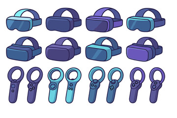 Virtual reality headsets and motion controllers in vibrant blue and purple tones