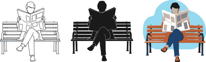 Illustration of a man reading a newspaper a bench, in silhouette, line art, and color