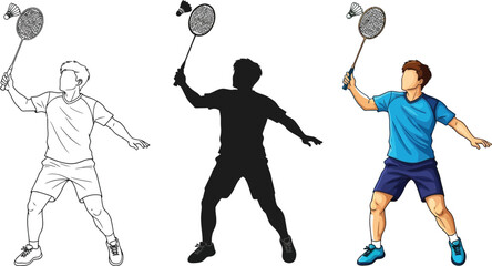 Badminton player in different styles outline, silhouette, and color version for various design needs