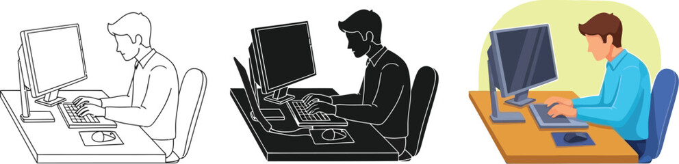 Illustration of a man working a computer, presented in three styles
