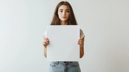 Young woman holding a blank white sheet with a neutral expression against a minimalistic background