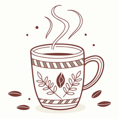 Steaming coffee mug with decorative pattern and coffee beans hot drink beverage