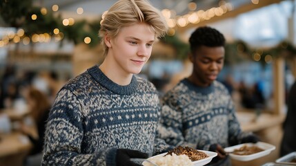 Caring volunteers in festive sweaters serving hot Christmas meals to homeless individuals in a cozy shelter dining hall, surrounded by cheerful decorations and twinkling lights &mdash; powerful concept