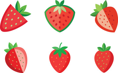 strawberry full and half cut different cutting vector illustration set 
