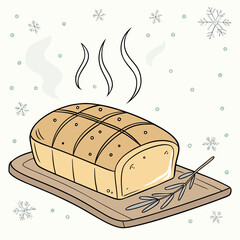 Warm Loaf of Bread with Rosemary Sprig on Wooden Board and Snowflakes baking food