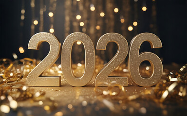 2026 shines brightly on a black background with shimmering gold confetti and blurred lights