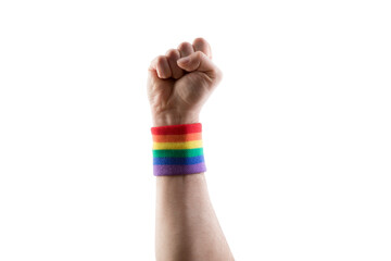Hand fist with colorful rainbow LGBT wristband isolated on white background with clipping path.