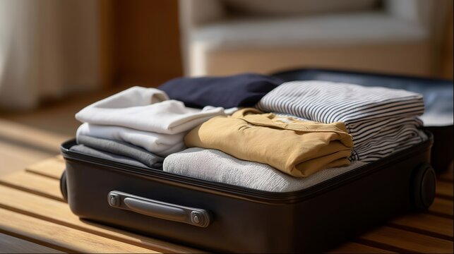 Detail shot of neatly packed suitcase with clothes and travel essentials — representing efficient packing, modern wanderlust, and aspirational travel photography for lifestyle blogs or social