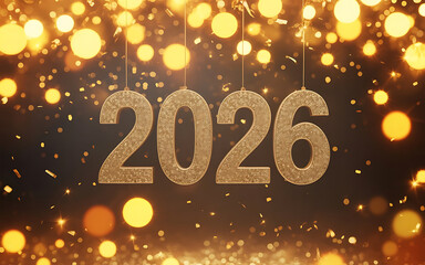 2026 shines brightly on a black background with shimmering gold confetti and blurred lights
