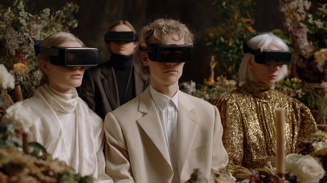 Group of people wearing VR headsets participating in a virtual reality auction filled with floating 3D objects and holographic displays — concept of metaverse commerce, interactive digital