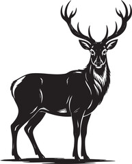 A striking black and white illustration of a stag with impressive antlers, depicted in a bold, graphic style.
