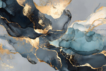 Fototapeta premium Abstract art featuring gold, pink, and blue flowing patterns creates a modern visual experience for any space