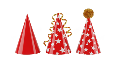 Three red party hats isolated on transparent background for celebration