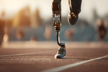 Running on the track, an athlete with a prosthetic leg trains under a bright sky during an athletic event
