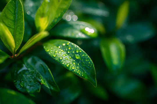Morning dew glistens on green leaves in a lush garden during early hours of the day