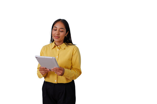 Professional woman using digital tablet for business communication, managing remote work, or online learning on a transparent background