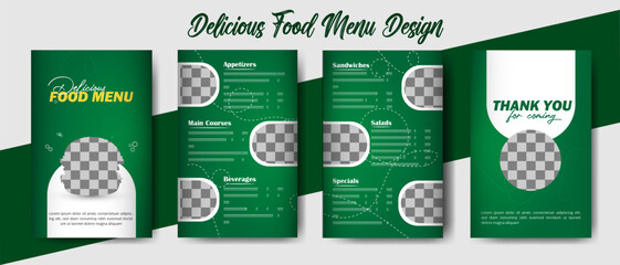 Exquisite Food Menu: A captivating menu design elegantly showcases culinary delights, with sleek layout perfect for advertising delicious offerings.