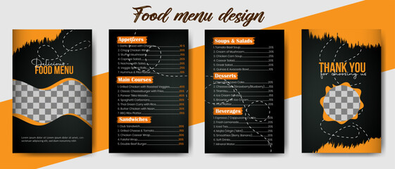 Restaurant Menu Design: A sleek and modern restaurant menu, elegantly designed with a blend of vibrant colors and layouts, meticulously crafted to showcase culinary delights. 