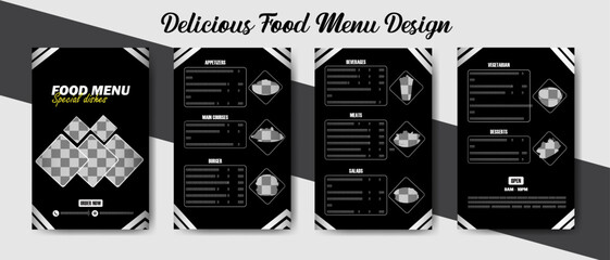 Menu Design: An elegant and stylish menu design, perfect for restaurants, cafes, and food establishments. Clean layout, showcasing the culinary delights and dishes. 