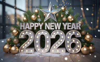 Celebration of the New Year with sparkling decorations and a festive atmosphere welcoming 2026