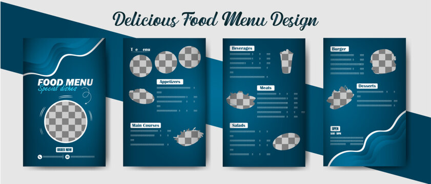 Delightful Food Menu Design: An artistic food menu showcases culinary selections, with space for food imagery in a stylish layout, appealing to diners and food enthusiasts.