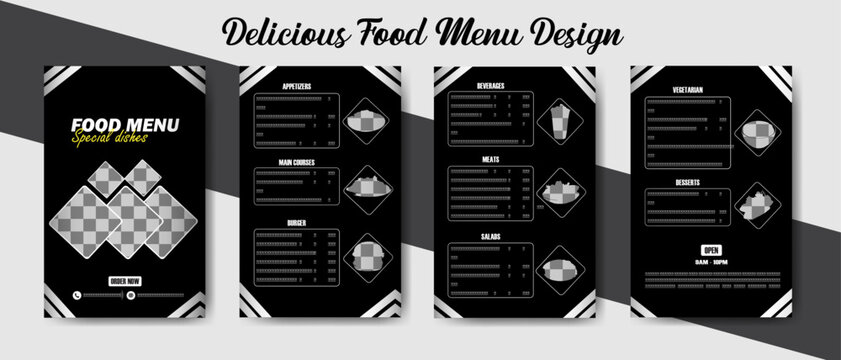 Menu Design: An elegant and stylish menu design, perfect for restaurants, cafes, and food establishments. Clean layout, showcasing the culinary delights and dishes. 